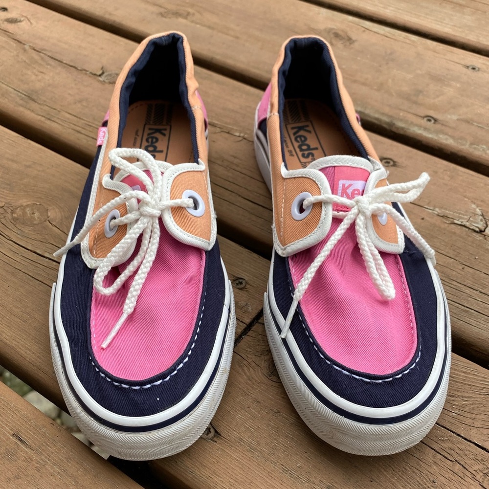 Keds size 9 canvas boat shoes pink navy orange